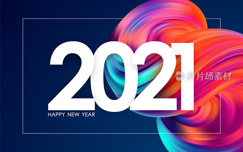 Happy New Year 2021. Greeting card with colorful abstract fluid shape. Trendy design